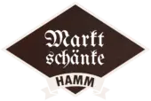 Dunkelbraunes Holzschild-Logo mit weißer Schrift „Marktschänke Hamm“ und stilisiertem Banner, klar umrissene Konturen und dekorative Typografie.